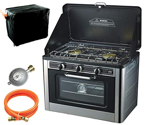 CO-01 Gas Backofen Gaskocher 2 flammig Campingkocher mit Deckel Gasgrill Gasherd Ofen + Gasschlauch-Regler Set