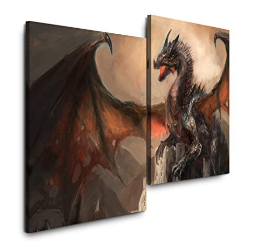 Sinus Art dunkler Drache 120x80cm 2 Kunstdrucke je 70x60cm Kunstdruck modern Wandbilder XXL Wanddekoration Design Wand Bild