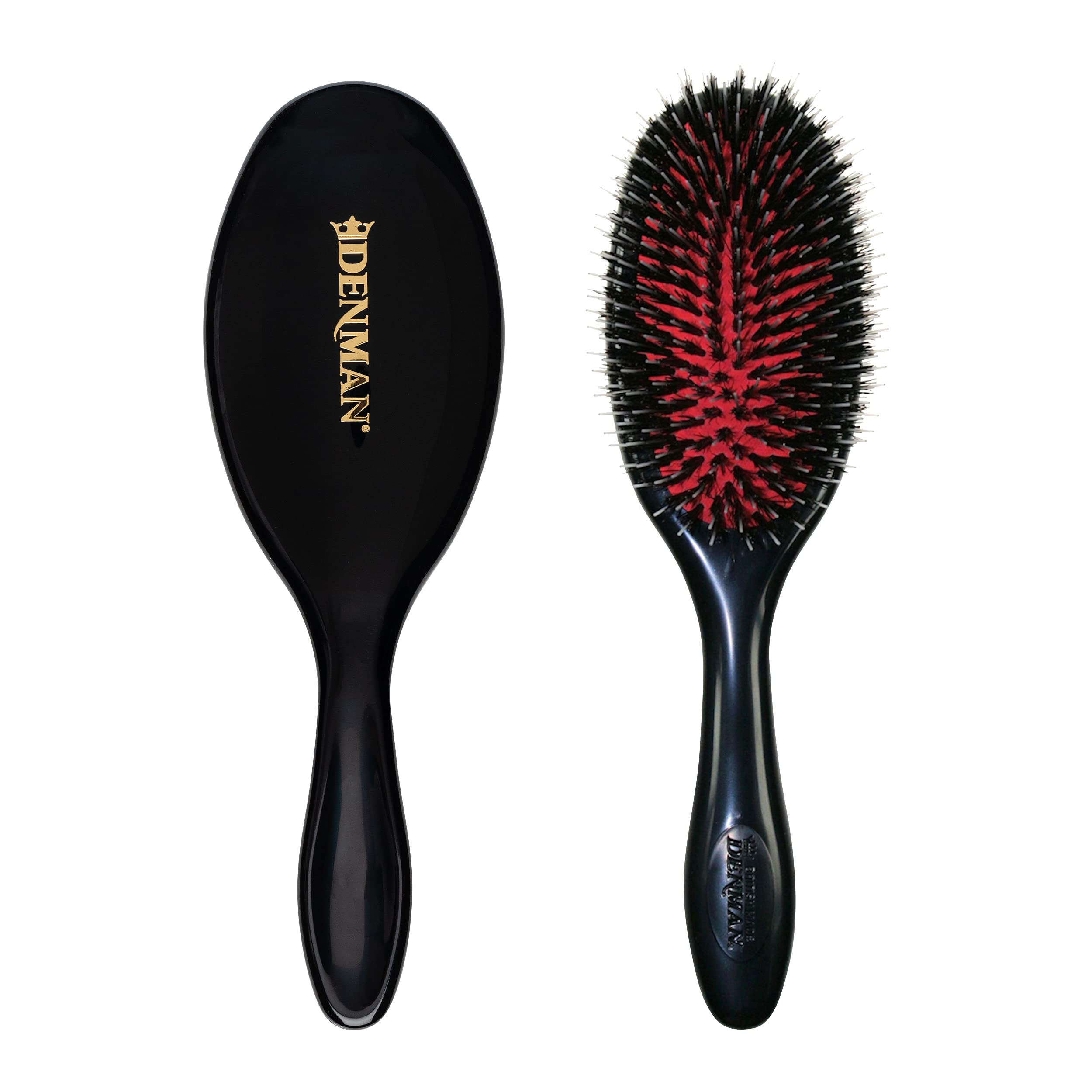 Denman Cushion Hair Brush (Medium) with Soft Nylon Quill Boar Bristles -Detangle and shine, adds gloss and shine to the hair, gently smooths and detangles curls and fly-aways – Black, D81M
