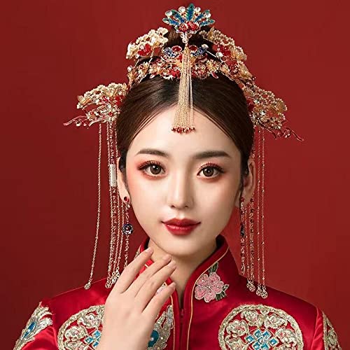 Diamant-Tiara, chinesischer Vintage-Kopfschmuck, traditionelle Hochzeit, Krone, Haarkamm, Haarnadeln, Set für Bräute, Kostüm, Haarschmuck, Tiara