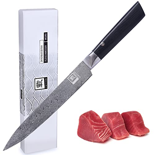 Zayiko Damastmesser Santokumesser Black Edition - sehr hochwertiges Profi Messer mit Pakka Griff mit schwarzer Damast Klinge, mit Holzbox, Damastmesser Santokumesser, Damastküchenmesser, exklusive (Fleischmesser)