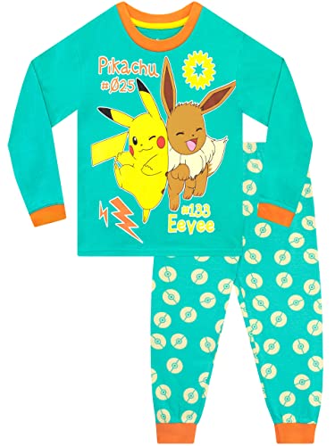 Pokémon Unisex Kinder Pikachu und Eevee Schlafanzug Langärmelige Nachtwäsche für Kinder Grün 116
