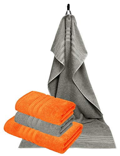 Lashuma 4X Handtücher im Set, 2 STK. Fitnesstücher 50 x 100 cm - 2 STK Badetücher 70 x 140 cm, Farbe: Orange - Stein Grau