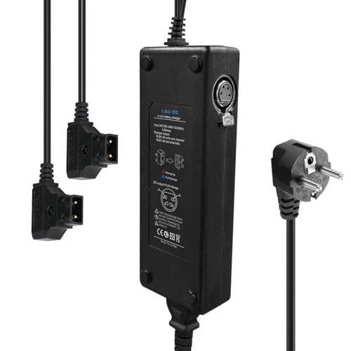Moman Tap2C Dual D-Tap Ladegerät mit 4-pin XLR DC Ausgang, V-Mount Akku/Gold Mount-Akkuladegerät mit 2×D-Tap Stromkabel Kompatibel mit DSLR Kamera [DC 16.8V/4A]