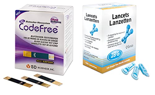 SD CodeFree Blutzuckerteststreifen Vorteilspack - 100 Stück Diabetes-Tests zur Kontrolle bei Blutzucker (Zuckerkrankheit) + 50 Blutlanzetten Gr.28G