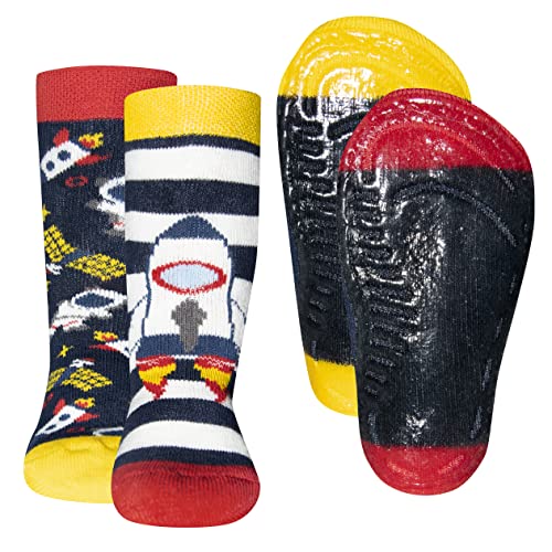 EWERS 2er-Pack Rakete Astronaut Stoppersocken SoftStep, Socken mit Antirutschsohle für Jungen, Anti-Rutsch-Socken mit Gummisohle, 2 Paar rutschfeste Kindersocken für Jungs, Größe 31-34