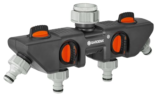GARDENA 4-Wege-Verteiler: Anschlussmöglichkeit für bis zu 4 Geräte an den Wasserhahn, passend zu GARDENA Bewässerungscomputern & -uhren, Wasserdurchfluss regulier- und absperrbar (8194-20)