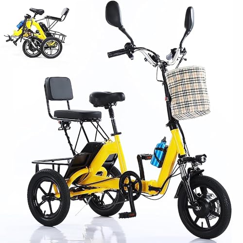3-Rad-Elektrofahrrad 350-W-Elektro-Dreirad For Erwachsene, 14-Zoll-Step-Thru-3-Rad-Klapp-Elektrofahrrad, 48-V-10-Ah-Batterie, Mit Körben Vorne Und Hinten, Verstellbares Cruiser-Fahrrad ( Color : Yello