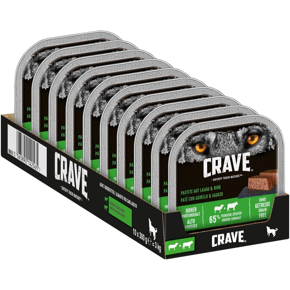 CRAVE Premium Pastete mit Lamm & Rind für Hunde – Getreidefreies Adult Nassfutter mit hohem Proteingehalt – 10 x 300 g