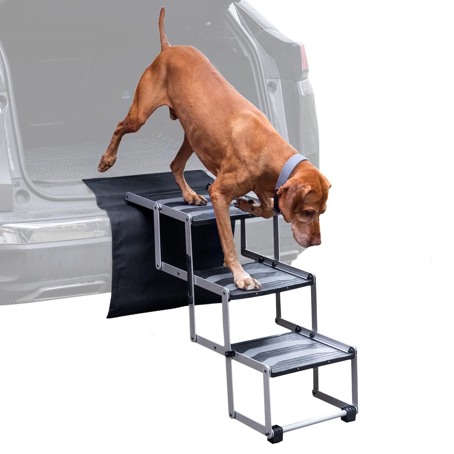VOSS.PET Faltbare Hundetreppe, 3-stufige Kofferraumtreppe, Gelenkschonende Auto-Treppe, Einstiegshilfe für Hunde aus Aluminium mit Schutzmatte
