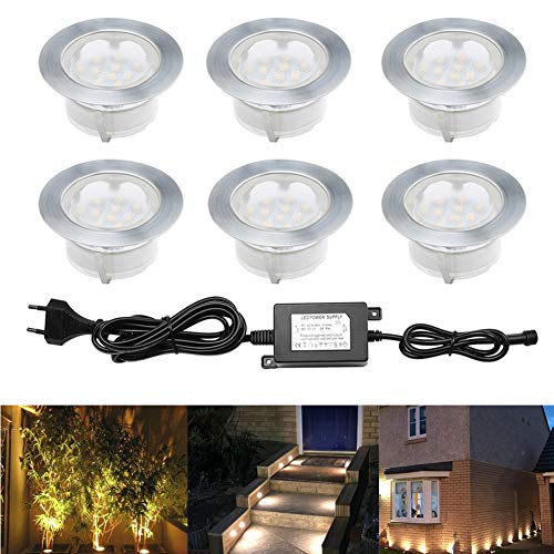 Treppen Bodeneinbaustrahler 6er Set, IP67 Wasserdicht Terrassen Einbaustrahler Ø60mm Aussen LED Bodeneinbauleuchten, DC 12V 1.5W LED Einbaustrahler für Küche Garten Treppen Balkon Terrasse, Warmes Weiß