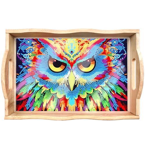 AZURAOKEY DIY Diamond Painting Wooden Serving Tray with Handle Decorative Trays Rectangular Wooden Tray Animal Decorative Tray for Desktop/Coffee Table/Countertop Centerpiece