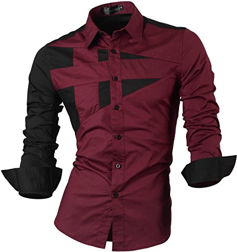 jeansian Herren Freizeit Hemden Shirt Tops Mode Langarmshirts Slim Fit 8397 WineRed L