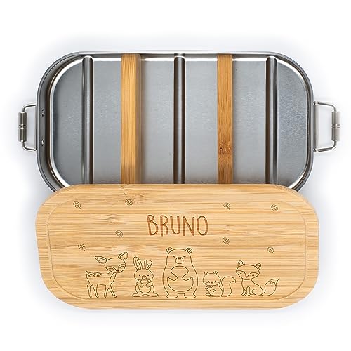 Kidsmood personalisierte Brotdose für Kinder | Individuelle Lunchbox aus hochwertigem Edelstahl mit Bambusdeckel | Personalisiertes Geschenk für Kinder mit Motiv und Wunschnamen [750 oder 1100 Ml]