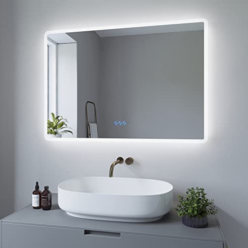 AQUABATOS 100x70cm Badspiegel mit Beleuchtung Badezimmerspiegel LED Lichtspiegel Wandspiegel Energiesparend. Touch-Schalter Dimmbar, Kaltweiß 6400K, Warmweiß 3000K, Spiegelheizung, IP44, CE