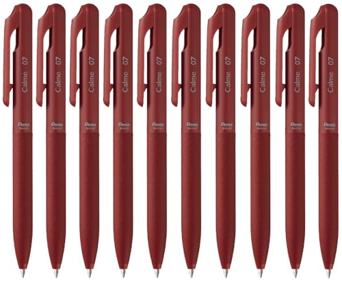 Pentel BXA107B-B Calme Kugelschreiber, deutlich gedämpftes Klick-Geräusch, Griffzone in Lederoptik, nachfüllbar, Kugel 0.7mm = Strichstärke 0.35mm, Schreibfarbe rot, 1VE=10 Stück