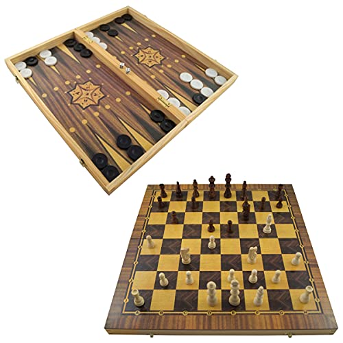 Holz Backgammon Schach Set - Tavla Backgammon Holz Koffer mit Schachbrett klappbar (40x40cm (XL), mit Schachfiguren)