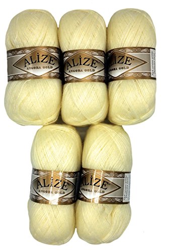 Alize 5 x 100 g Strickwolle mit Mohair, Ecru Nr. 01 zum Stricken und Häkeln, 500 Gramm Wolle