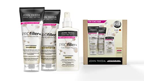John Frieda Profiller+ Vorteils-Set - Inhalt: Shampoo, 250ml + Conditioner, 250ml + Kräftigendes Spray, 150ml - Für feines Haar - Mit Biotin & Hyaluronsäure