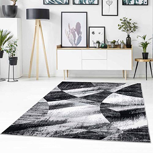 Teppich Flachflor Modern mit abstrakten Muster, meliert, Patchwork-Look in Schwarz, Grau für Wohnzimmer Größe 80/150 cm