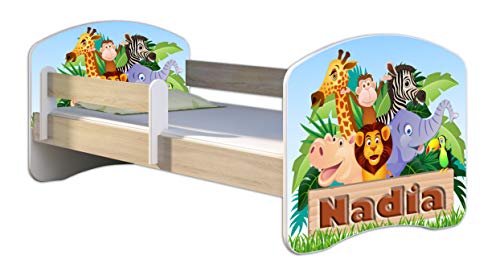 Kinderbett Jugendbett mit einer Schublade und Matratze Sonoma mit Rausfallschutz Lattenrost ACMA II 140x70 160x80 180x80 (02 Animals name, 160x80)