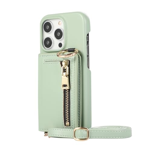 LXURY Wallet Case for iPhone 15 Pro Max/15 Pro/15 Plus/15, Leather Case with Magnetic Closure Zipper Card Holder Wallet Cover,Green,15