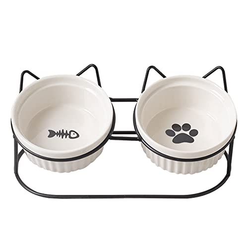 Koomiao 2 Stücke Katzennapf Keramik mit Metall Ständer Katzennapf Set, 300ml Fressnapf Katzen Nackenschutz Keramiknapf für Katzen oder Hunde (Weiß + Schwarze Halterung)
