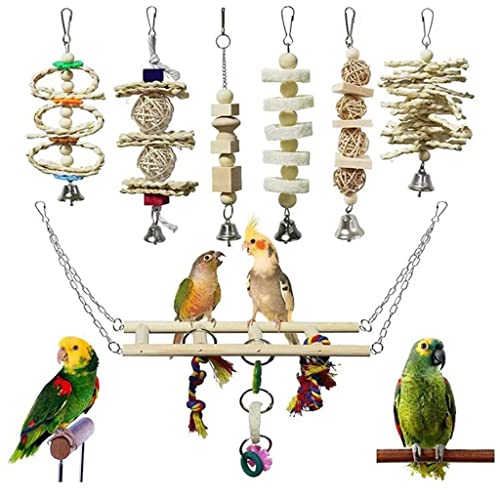 ArinkO 7-teiliges Spielzeugset für Vögel und Papageien: Holzschaukel, Hängehängematte, Kletterleitern, Sitzstangen