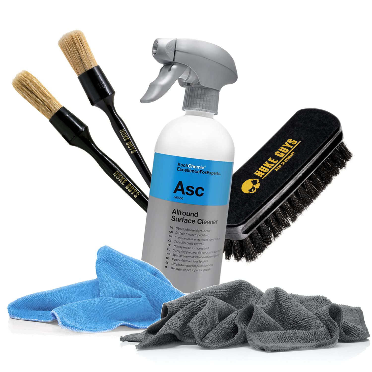 detailmate Allzweckreiniger Set: Koch Chemie Allround Surface Cleaner 500ml + Nuke Guys Reinigungspinsel Small & Large + Textilbürste + 2X Premium Mikrofasertuch 320GSM