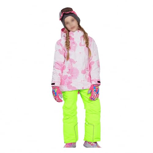 MAOTN Winddichte und warme Outdoor-Snowboardjacke mit Kapuze für Kinder, Leichter wasserdichter und kältebeständiger Winterskimantel für Mädchen + Trägerhosen-Set,Style9,140