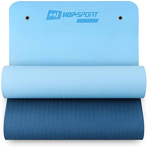 Hop-Sport Yogamatte mit Ösen HS-T008GM Gymnastikmatte aus TPE für Pilates ist Rutschfest & Faltbar - 183 x 61 x 0,8 cm (blau/dunkelblau)