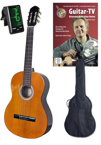 4/4 Konzert-Gitarre, Set mit DVD-Gitarrenschule GUITAR TV und Stimmgerät