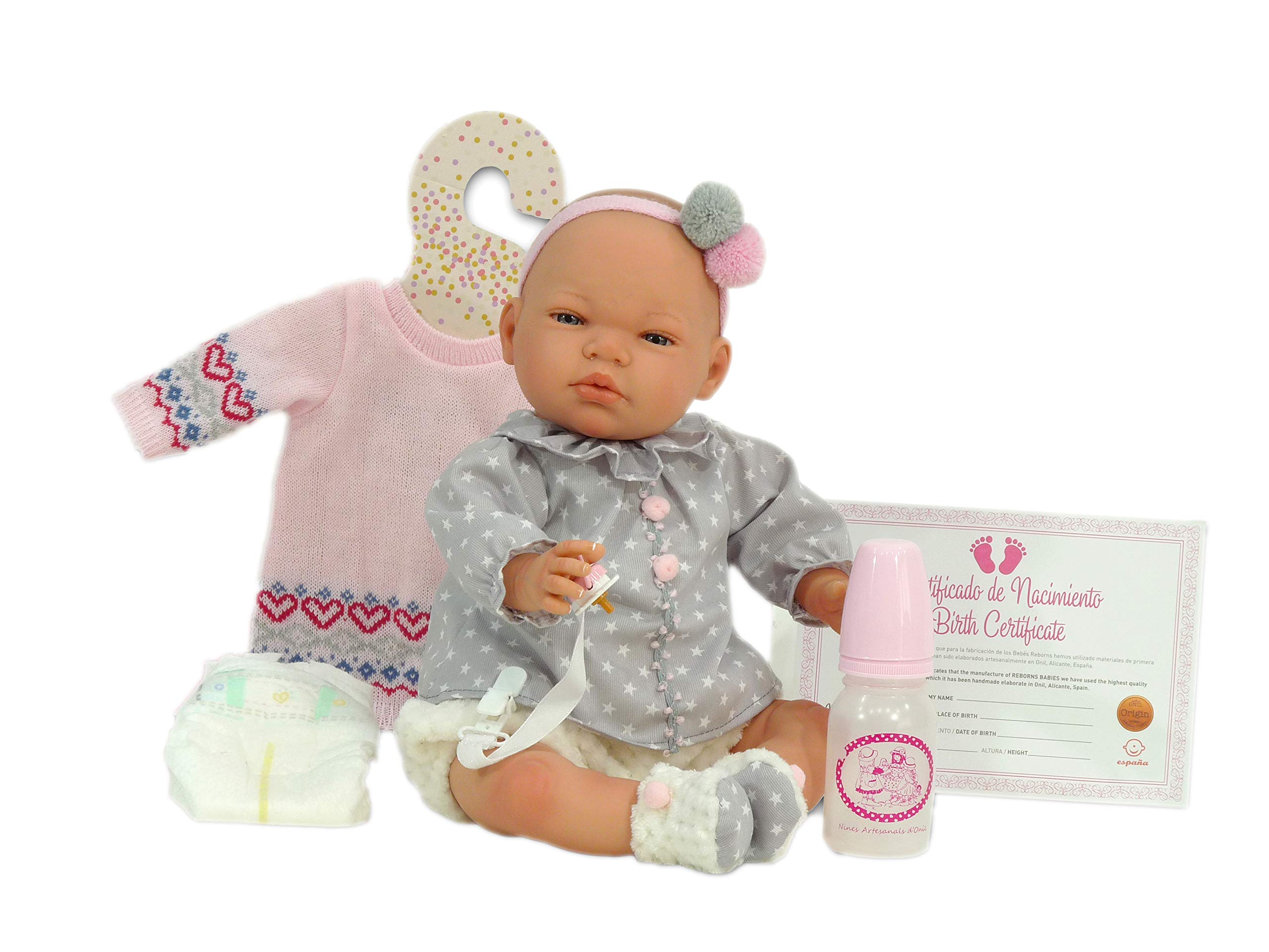 Nines D´Onil 1036 Nines Reborn Babypuppe Puppe mit beweglichem Körper, kann Jede Position annehmen. Inklusive Windel, Schnuller, Flasche und Decke 48cm