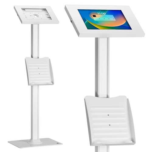 Maclean MC-476 Tablet-Bodenständer mit Diebstalschutz und Prospekthalter Kompatibel mit 9.7"-11", iPad/iPad Air/iPad Pro, Samsung Galaxy Tab A/Tab A7/Tab S6 Lite Bodenbefestigung (Weiß)