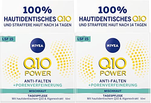 NIVEA Q10 Power Anti-Falten + Straffung porenverfeinernde Tagespflege für jünger aussehende Haut, Tagescreme mit LSF 15, 2er Pack(2 x 50 ml)