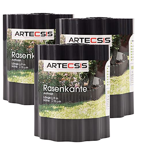 ARTECSIS 3X Rasenkante aus Kunststoff, 9 m x 15cm, Anthrazit, gewellt, Umrandung für Beete, Beeteinfassung, Rasenbegrenzung