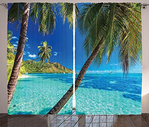 chinawh Verdunkelungsvorhänge Strand Meer Palmen 220X215Cm 3D-Digitaldruckvorhänge Vorhänge Für Wohnkultur (2 Paneele) Kinderzimmer Für Jungen Und Mädchen Polyester