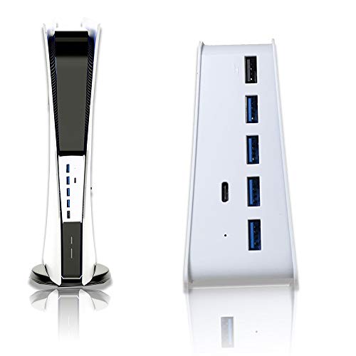 USB Hub für PS5 Konsole, Megadream 5 Port High-Speed-Erweiterungs-Hub-Ladegerät-Splitter-Adapter mit 4 USB + 1 USB-Ladeanschluss + 1 Typ-C, für Playstation 5 Spielekonsole (Weiß)