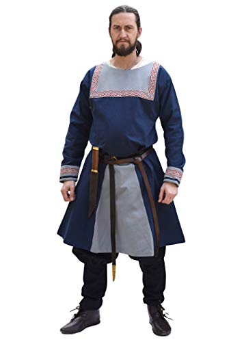 Battle-Merchant Wikinger Tunika mit Stickerei S-XXL - Herren Langarm Männer Mittelalter LARP Kostüm (L, Blau)