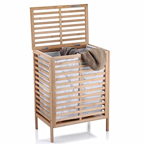 Bakaji Schmutziger Wäschekorb aus Bambus, mit grauem Stoff, für Haus, Badezimmer, mit 2 Fächern, platzsparender Aufbewahrungsbox mit Deckel und ausziehbarem Beutel 53 x 35 x 71 cm
