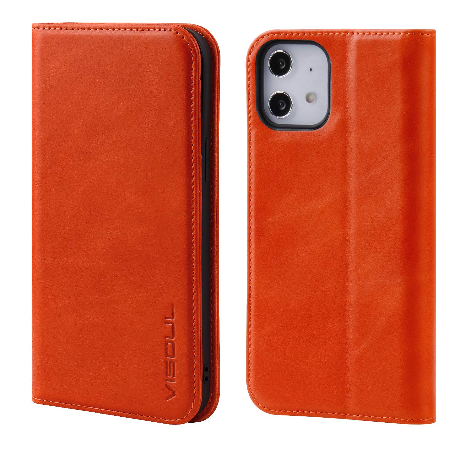 VISOUL iPhone 12 Mini Hülle,Stoßfeste Handyhülle [Echtleder] [RFID Schützt] [Kartenfach] [Magnet] [Standfunktion],TPU Schutzhülle Lederhülle für iPhone 12 Mini Orange