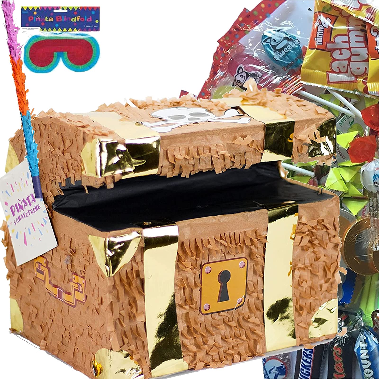 Carpeta Pinata Set: * SCHATZTRUHE * + Maske + Schläger + 100-teiliger Süßigkeiten-Füllung No.1 Handgefertigte Schatzkiste Pinata | Tolles Spiel für Kindergeburtstag und Motto-Party