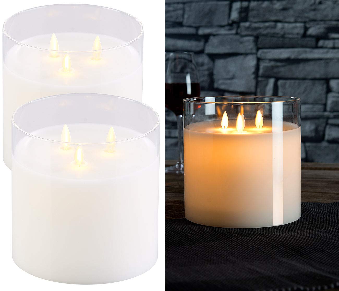 Britesta LED Kerze 3 flammig: 2er-Set LED-Echtwachs-Kerzen im Windglas mit 3 beweglichen Flammen (3 Docht LED Kerze, drei Docht LED Kerzen, Teelichter)