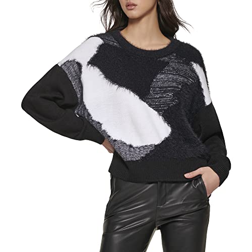 DKNY Damen Fuzzy Multicolor Langarm Pullover, schwarz/elfenbeinfarben, Groß