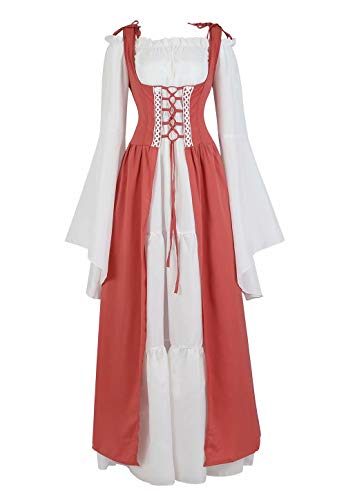 Josamogre Mittelalter Kleidung Damen Kleid Renaissance mit Trompetenärmel Party Kostüm bodenlang Vintage Retro Costume Cosplay Rot L