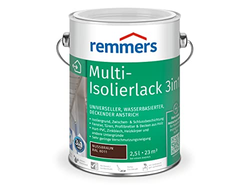 Remmers Multi Isolierlack 3in1 nussbraun (RAL 8011), 2,5 Liter, wasserbasierte Lackfarbe für Holz, Zink, Aluminium, PVC, für innen und außen, 3 Produkte in einem