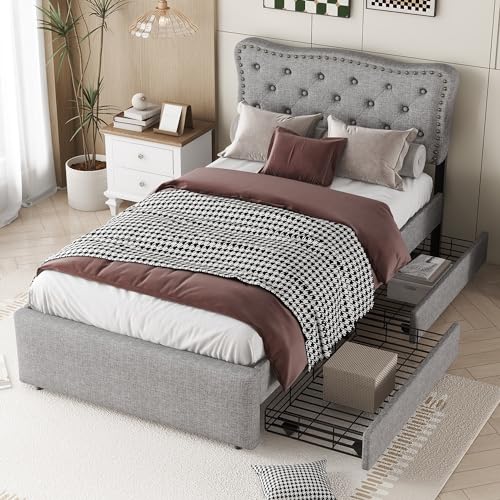 Idemon 90 * 200 cm flaches Bett, gepolstertes Bett, Nachttischpolsterung mit dekorativen Nieten, doppelte Schubladen (Grau)