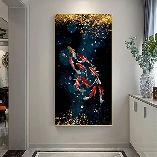 LangGe Wunderschönes Bild 60x120cm rahmenlose Koi Fisch Feng Shui Karpfen Lotus Teich Malerei Poster und Drucke Wandkunst Bilder Wohnzimmer Dekoration
