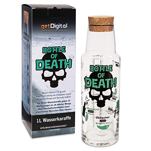 getDigital Bottle of Death Wasserkaraffe für Nerds & Geeks inkl. 12 Science Facts - Glasflasche mit Korken und Milliliter Skala - 1L