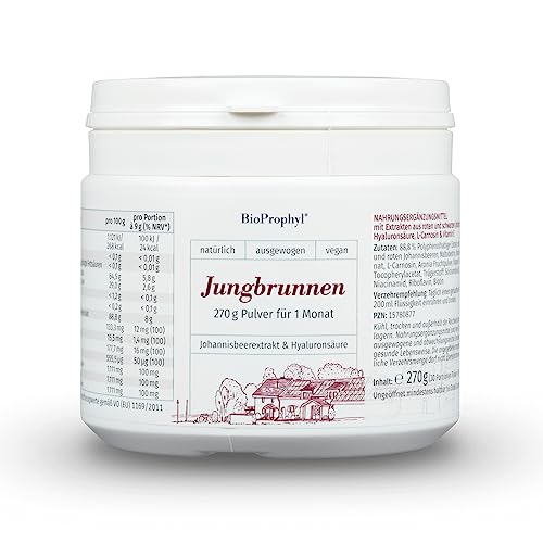 BioProphyl® Jungbrunnen - polyphenolhaltiger Extrakt von schwarzen und roten Johannisbeeren, Hyaluron, Biotin, Niacin, Riboflavin für gesunde Hautstruktur - 270 g Pulver - zertifiziert, 100% vegan